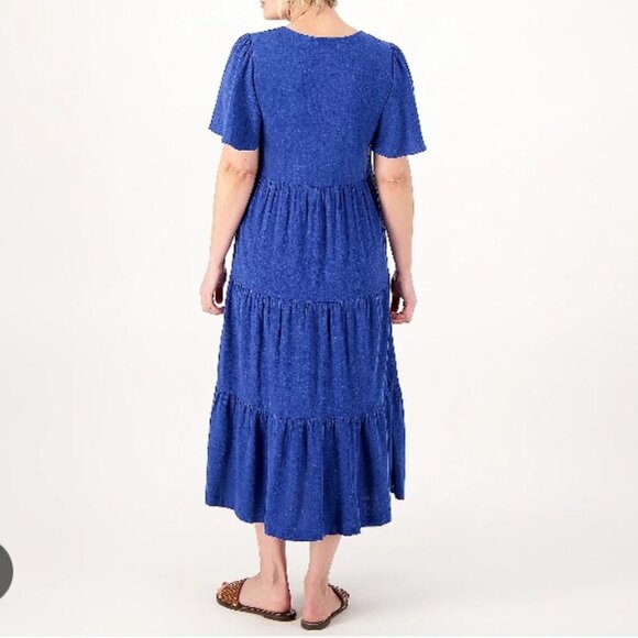 Susan Graver Women's Size 1X Blue Linen Blend Tiered Button Front Midi Dress - Picture 2 of 13